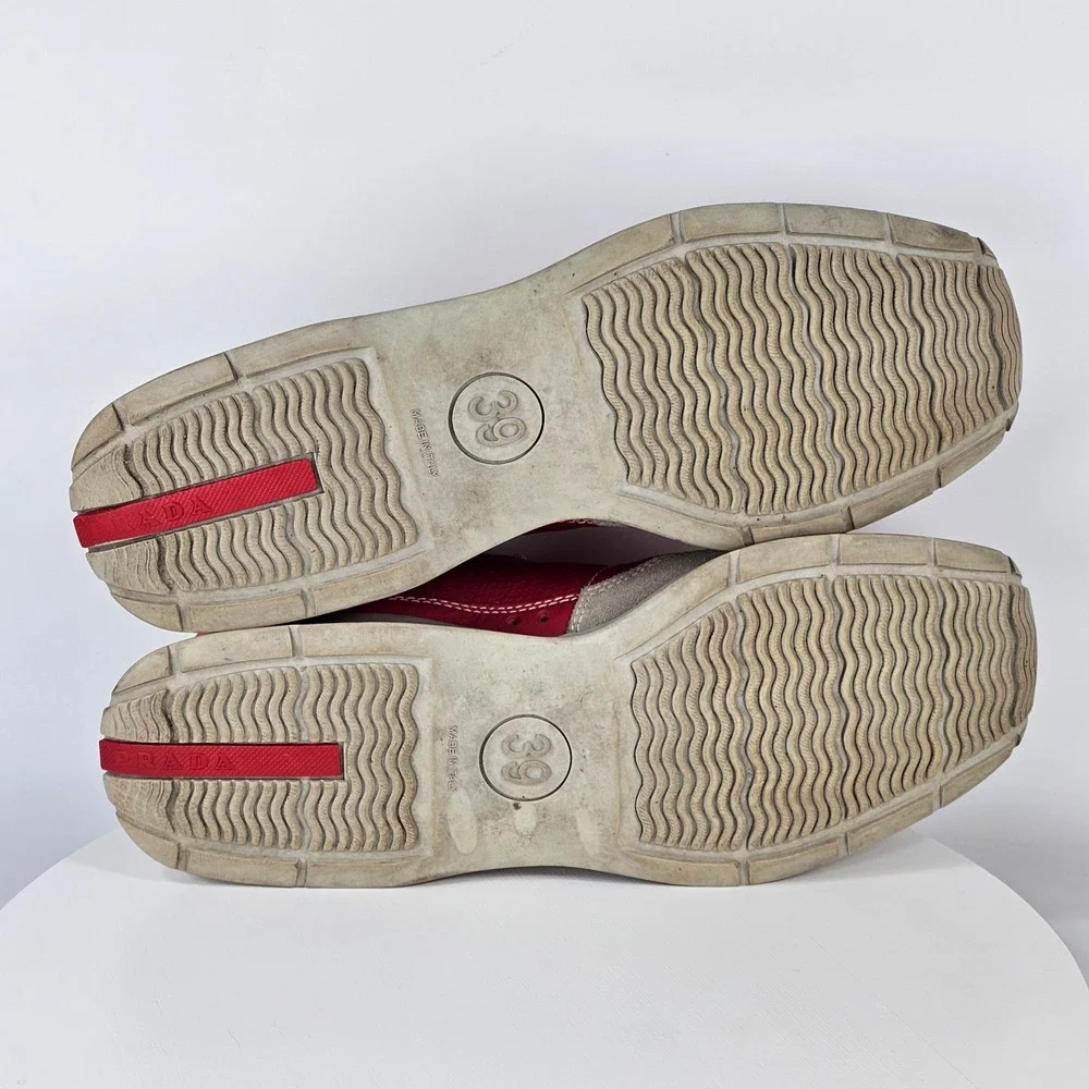 Vintage Prada Americas Cup Red Leather Grey Suede Sneakers E2003 39 Womens
